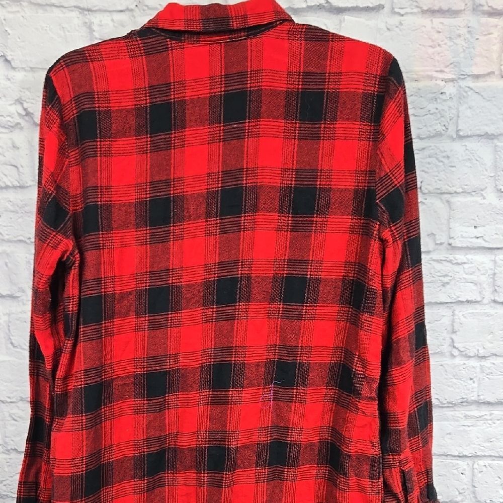 Express Red Black Plaid Flannel Long Sleeve Button-Up Tunic Shirt Women’s Small - Picture 10 of 11